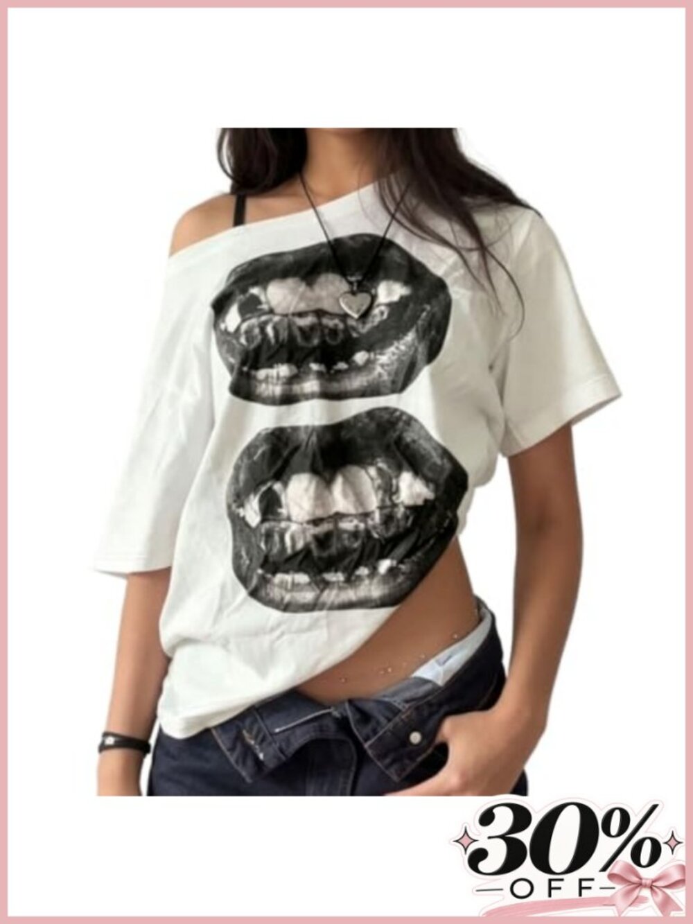 Off Shoulder Y2K Graphic Tee Oversized Baggy Shirt Summer Streetwear Top